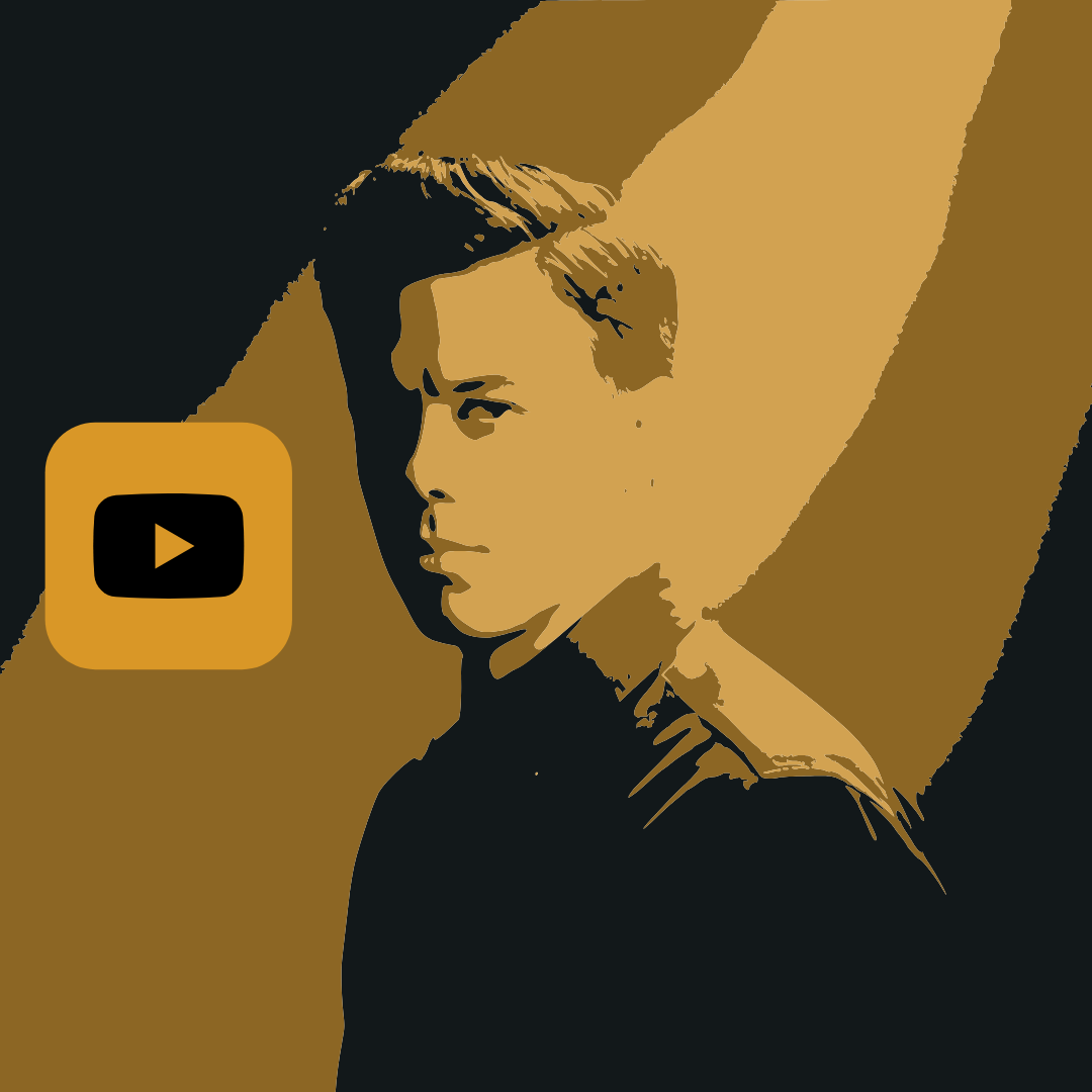 Stylized digital art of a young boy with short, light-colored hair looking to the side in a dark outfit, with a golden yellow background and a YouTube play button icon.