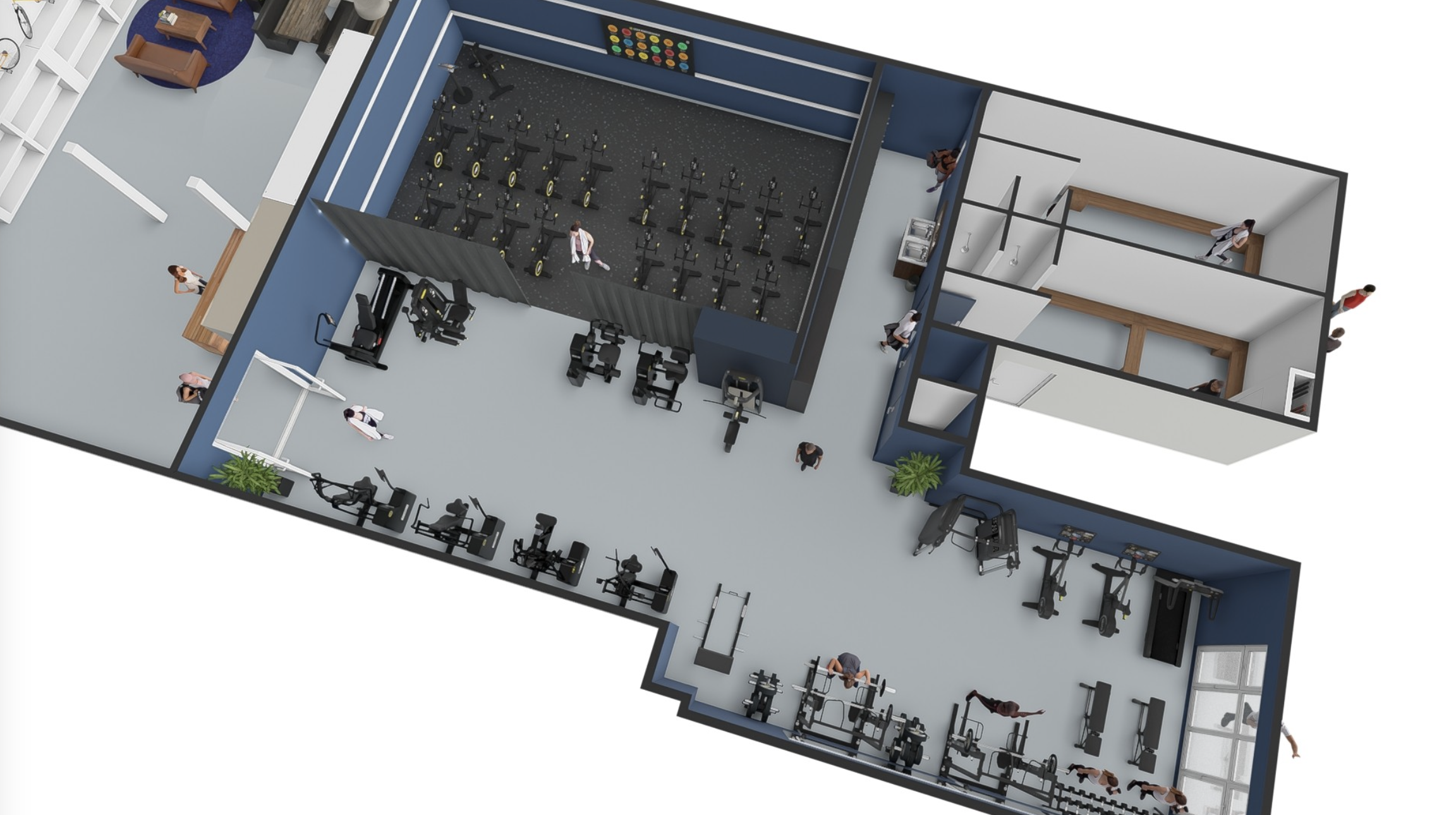 3D-model van een fitnessruimte met cardio en krachtapparatuur, een groepslesruimte, kleedkamers en wachtruimte.