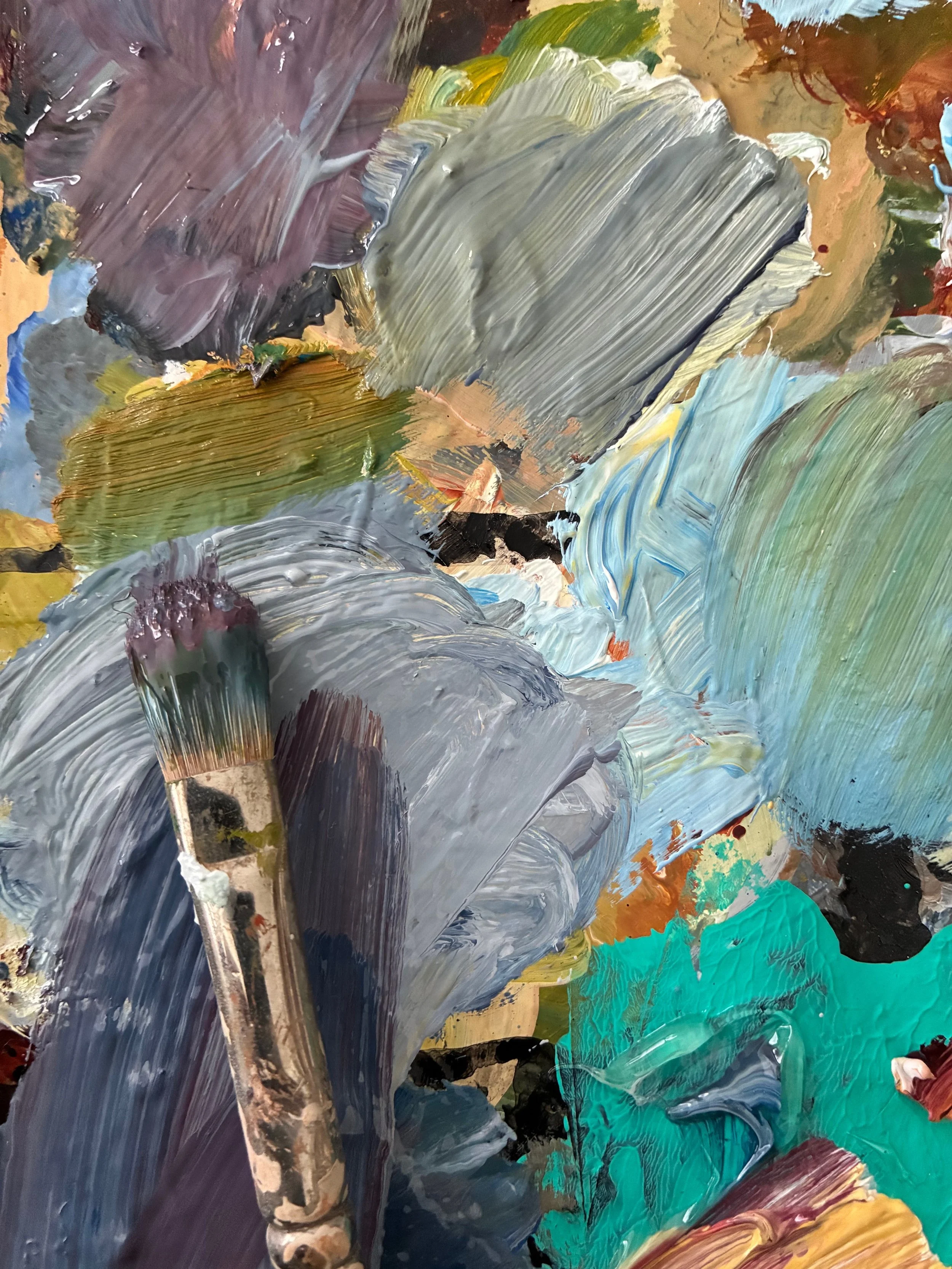 Abstract painting with thick, colorful brushstrokes of gray, green, blue, purple, and brown paint.