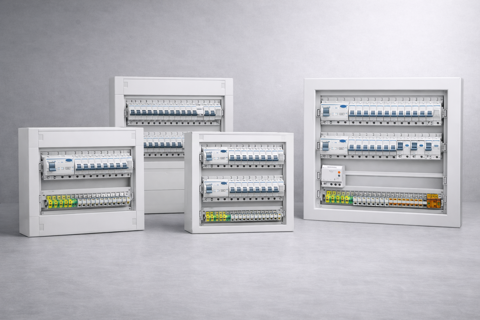 Verschiedene elektrische Schalttafeln mit Schaltern und Sicherungen in einem weißen Raum.
