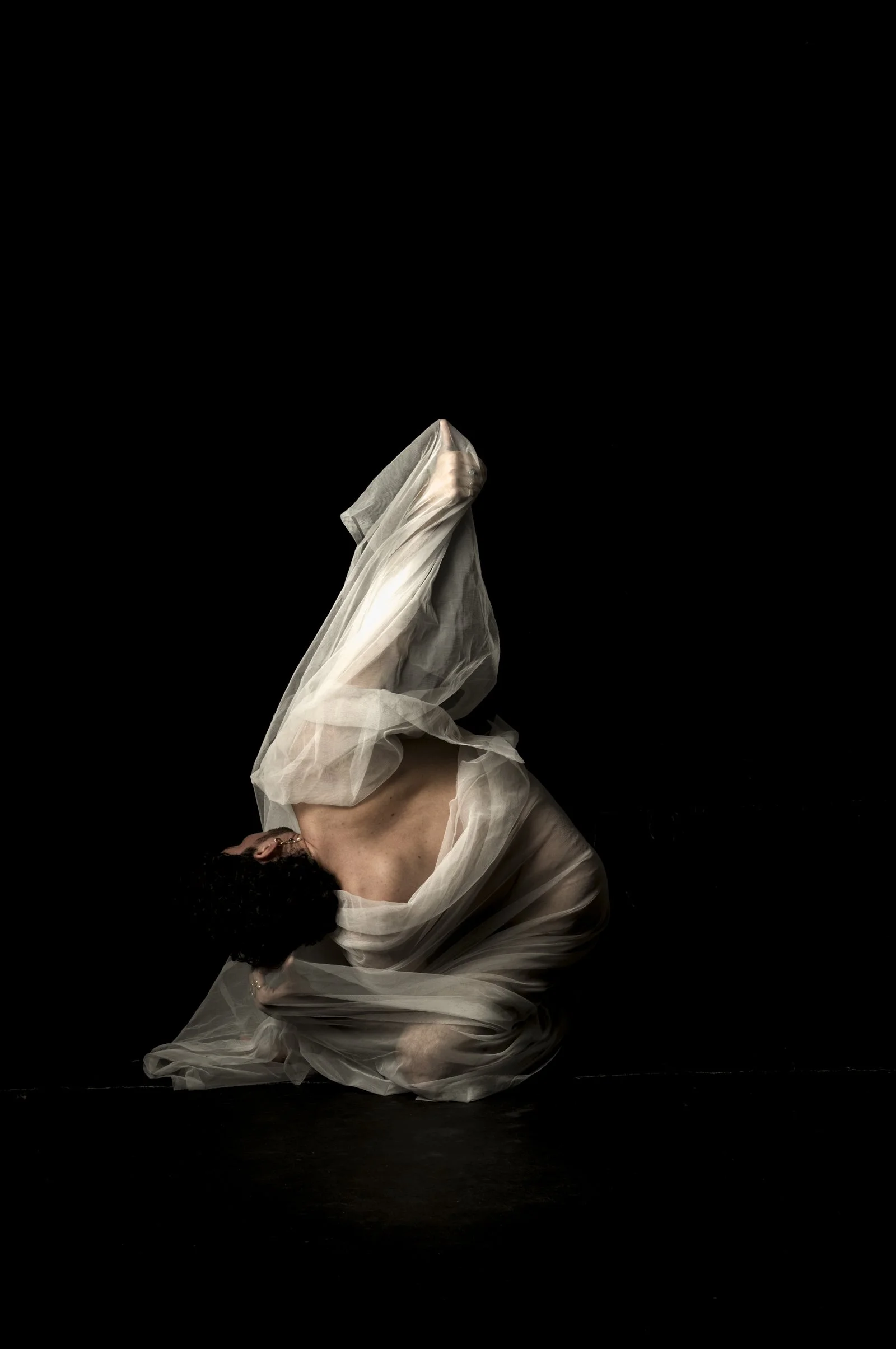 Portrait of a person draped in white fabric, styled like a Renaissance chiaroscuro painting.