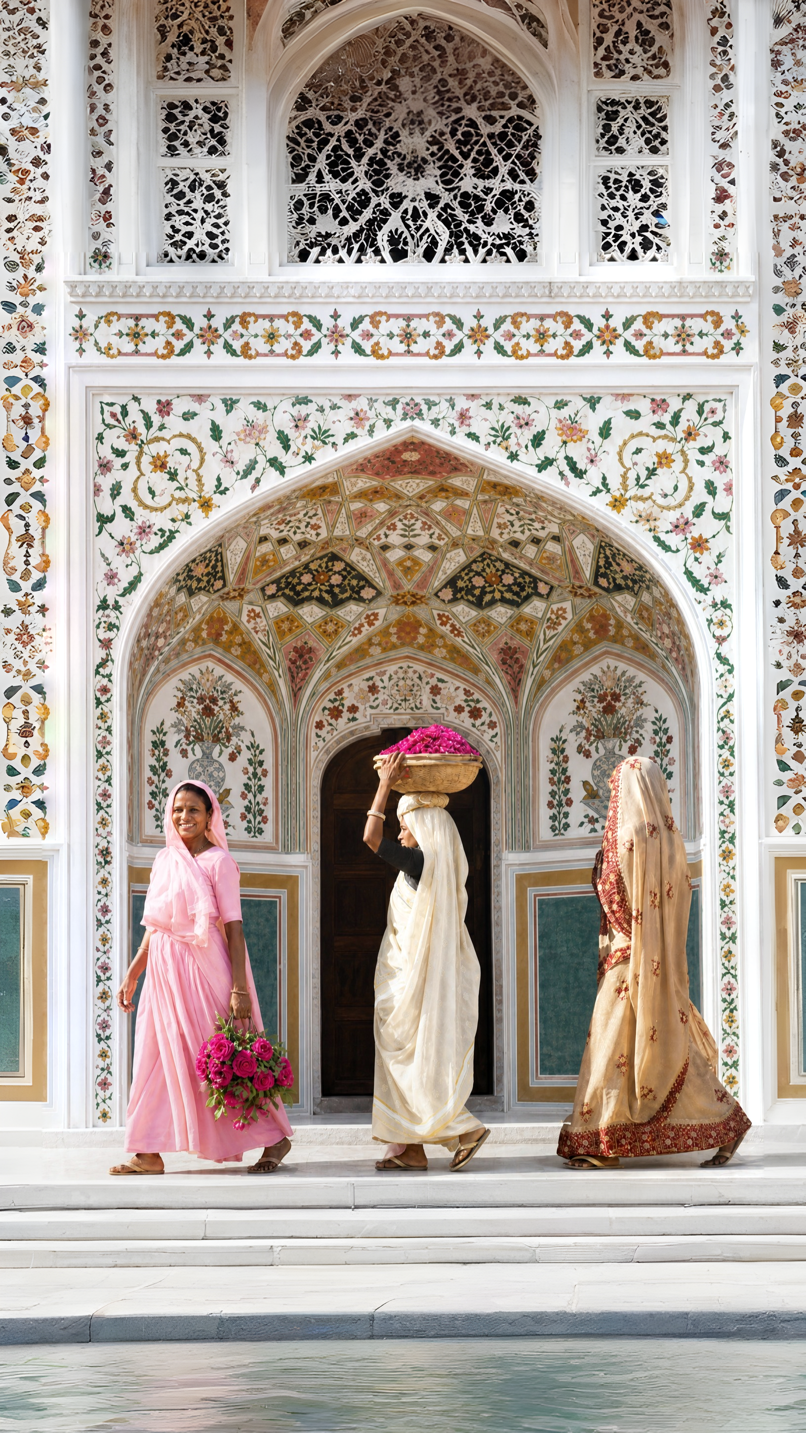 Three women dressed in traditional Indian sarees walking down steps in front of a decorated, ornate wall and archway, with one woman carrying a basket of flowers on her head and another holding a bouquet of pink flowers.
