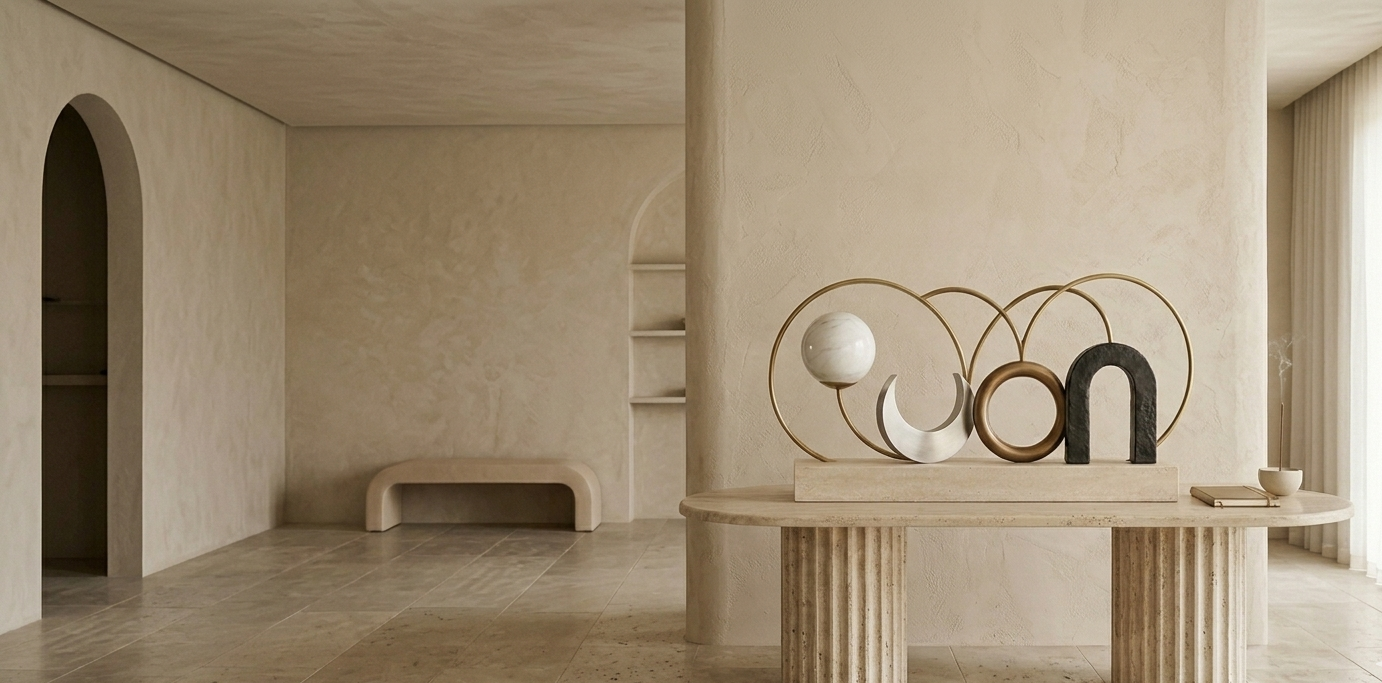 Minimalist interior with a beige textured wall, marble side table displaying abstract decorative sculptures, and sheer curtains on a large window letting in natural light.