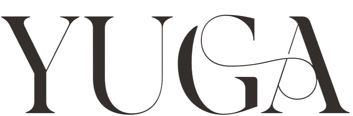 Stylized black and white text spelling "YUGA" with artistic font and elegant design.