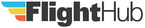 Logo de FlightHub avec des lignes colorées oranges, jaunes et bleues à gauche du texte