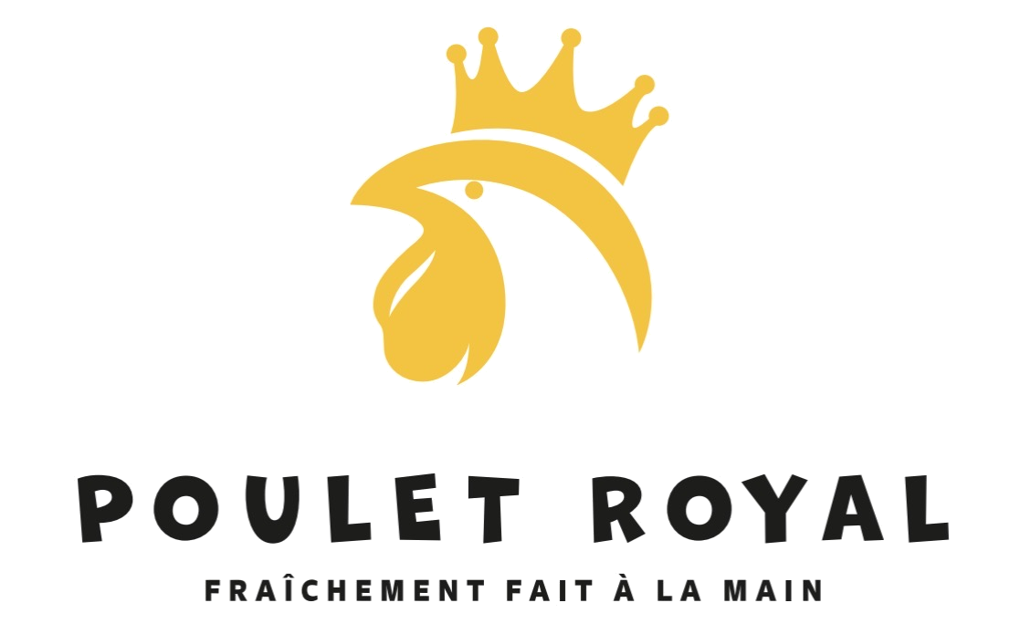 Logo d'une poule portant une couronne, avec le texte "Poulet Royal" et "Fraîchement fait à la main" en dessous.