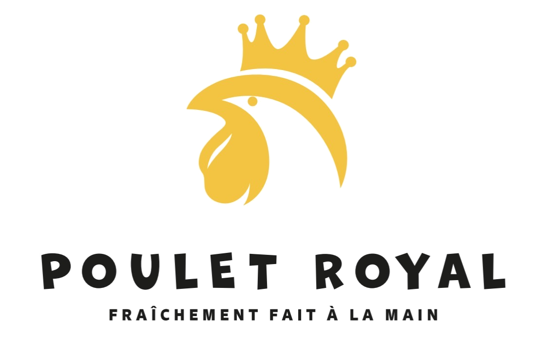 Logo de Poulet Royal avec une tête de poulet dorée portant une couronne, et le texte "Poulet Royal" en dessous avec la phrase "Fraîchement fait à la main".