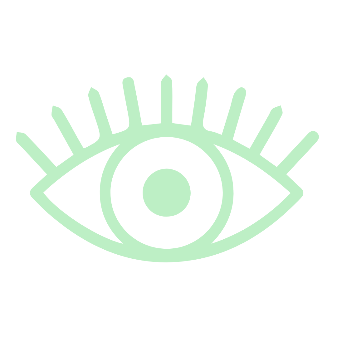 A stylized mint green eye icon on a black background.