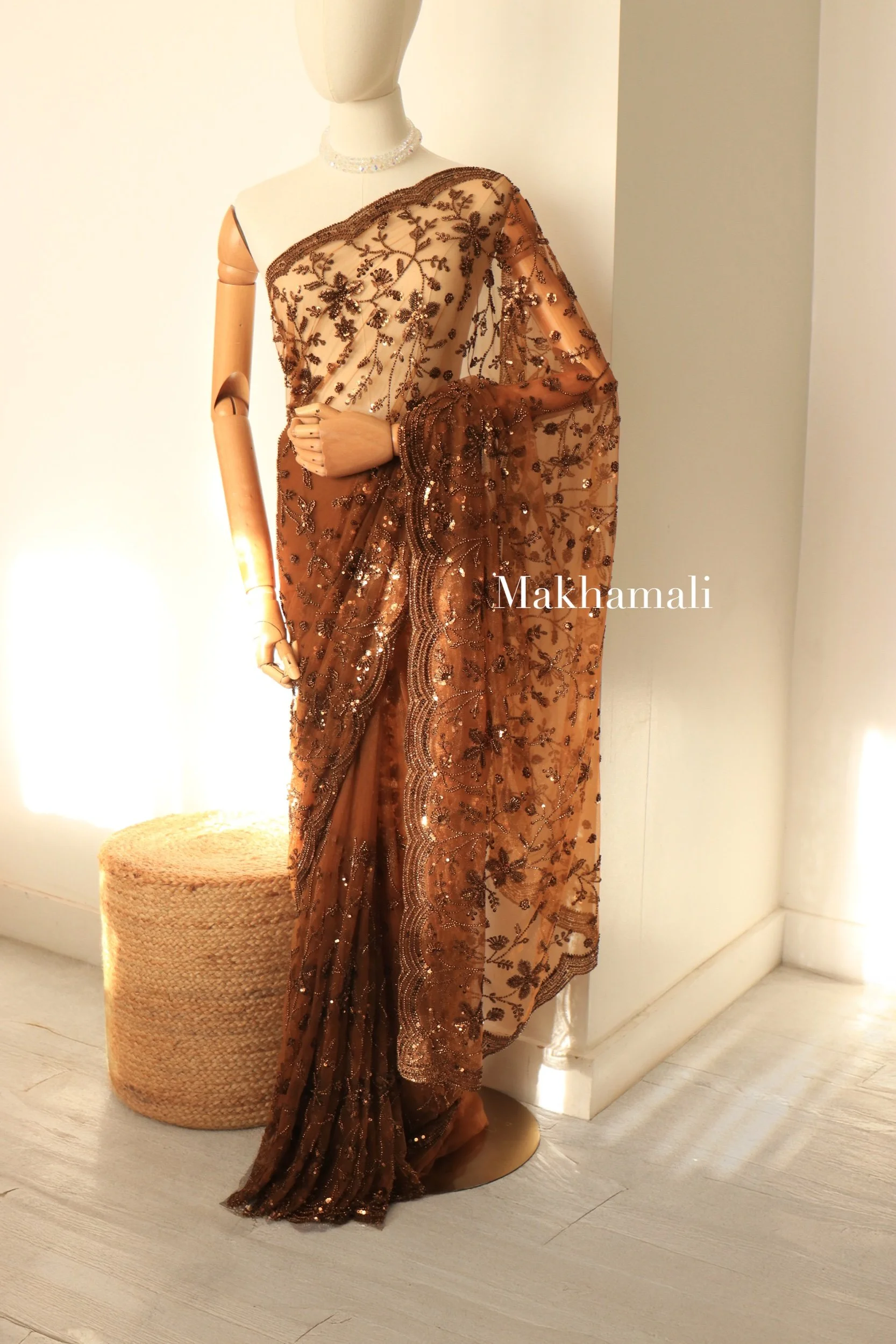 Chocolate Brown Embroidery Net Saree with Unstitched Blouse!