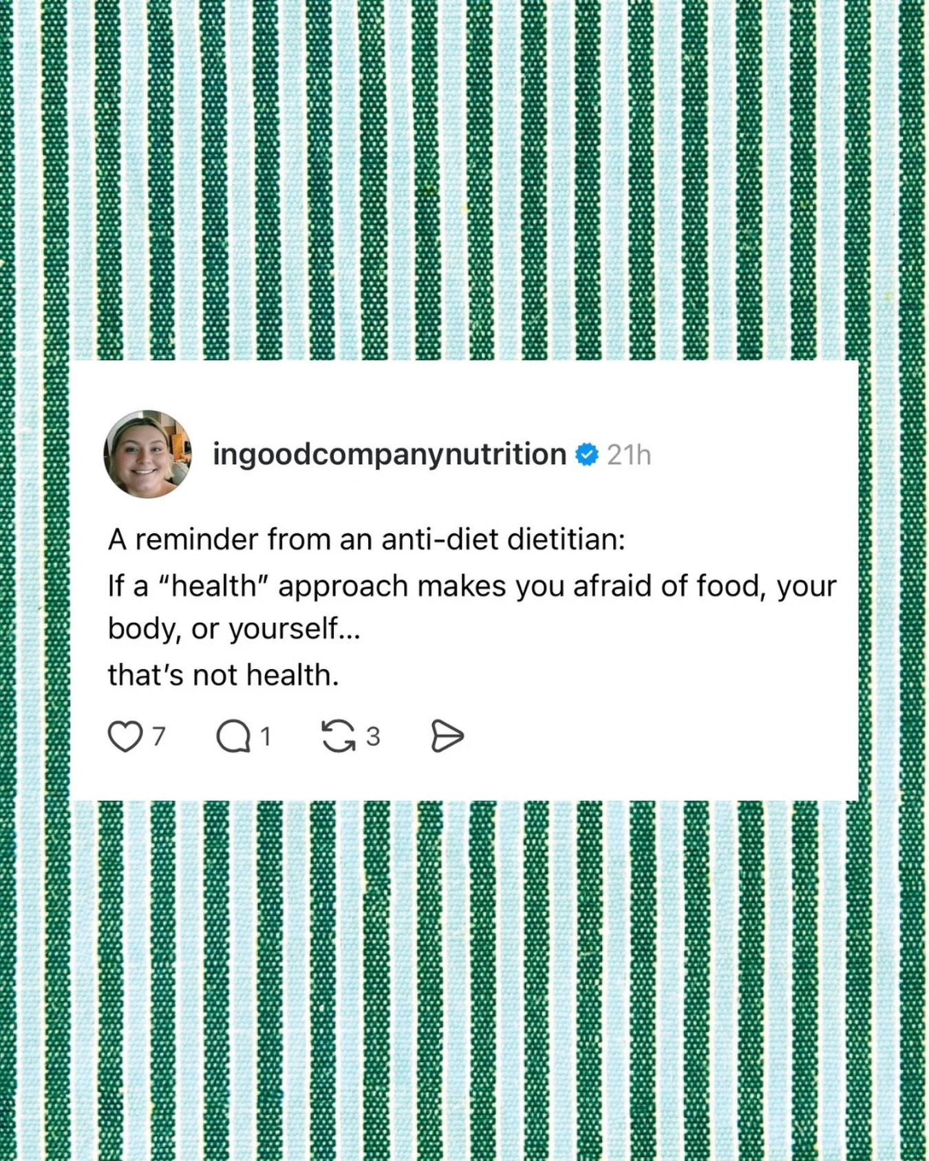 Health should expand your life, not shrink it!
Fear is not a prerequisite for health!

#dietitian #haes