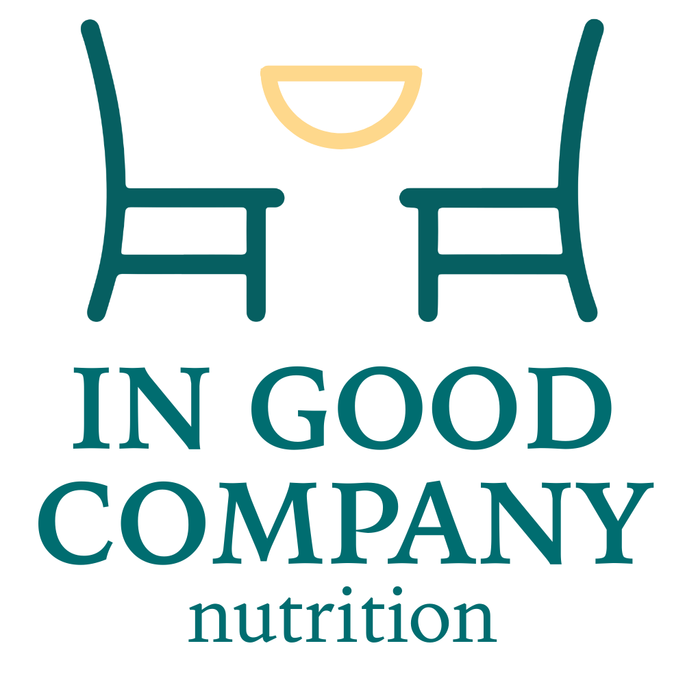 Two chairs and a bowl with the text "In Good Company Nutrition", a  virtual non-diet nutrition practice serving Maryland and Pennsylvania