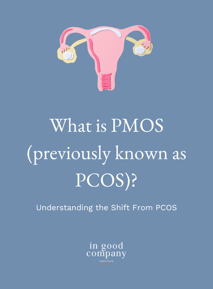 Illustration of a uterus above the text, “What is PMOS, previously known as PCOS? Understanding the shift from PCOS,” on a blue background.
