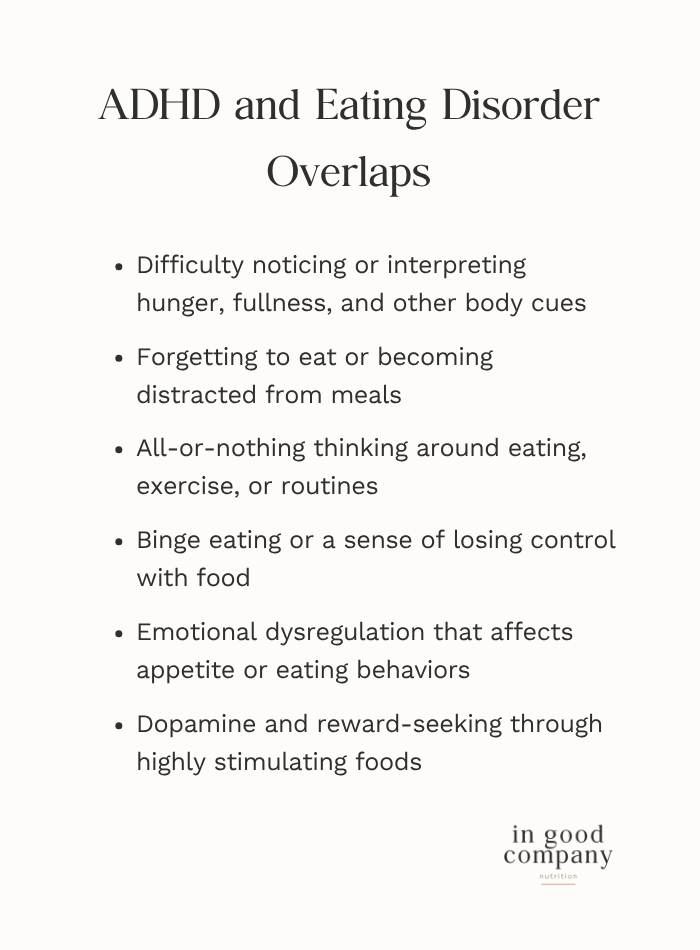 Graphic titled “ADHD and Eating Disorder Overlaps” listing challenges with hunger and fullness cues, forgetting meals, all-or-nothing thinking, binge eating, emotional regulation, and reward-seeking around food.