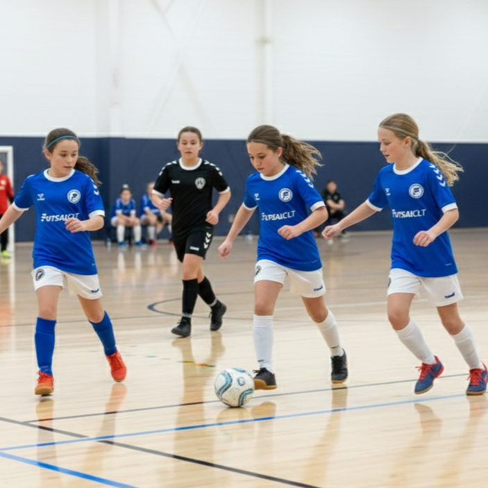 Four young girls playing indoor futsal in charlotte north carolina, with three wearing blue jerseys and one in black, on a wooden court.