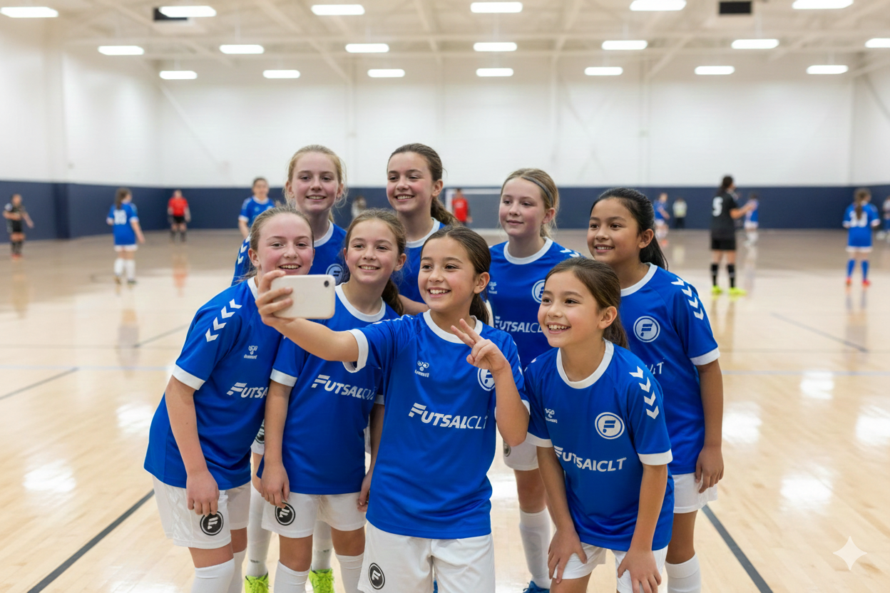 Group of young girls in blue futsal jerseys taking a selfie in an indoor soccer facility.