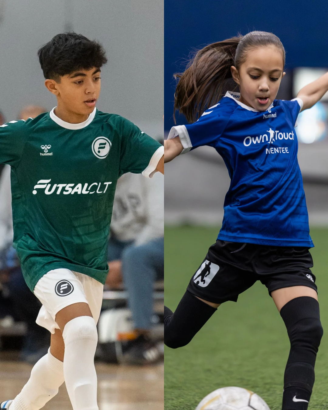 Split image of a young boy playing indoor soccer wearing a green jersey and white shorts on the left, and a young girl playing outdoor soccer wearing a blue jersey and black shorts on the right.