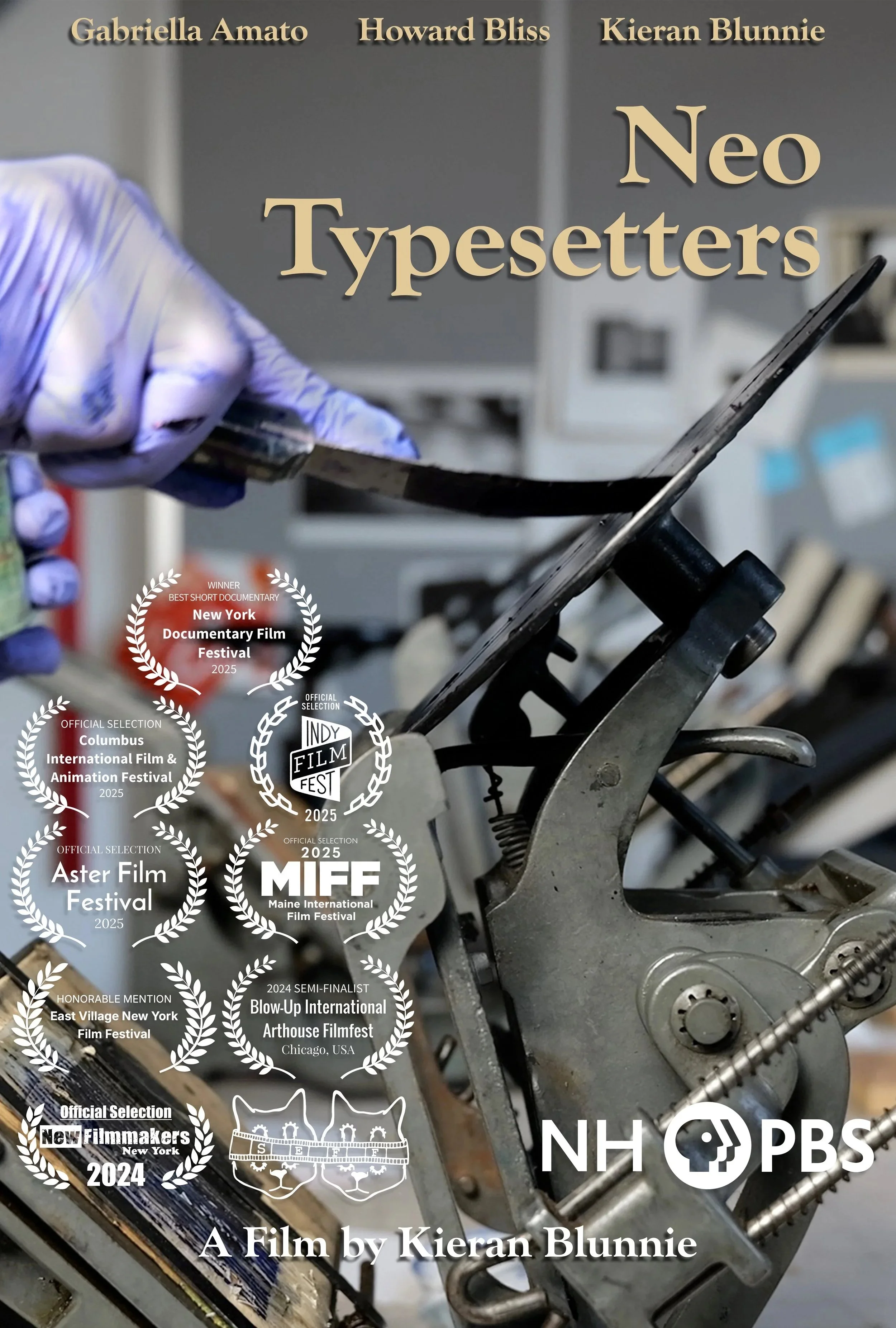 Close-up of a film projector with a gloved hand adjusting the film, with film festival awards and a PBS logo on the cover of a documentary titled 'Neo Typesetters', directed by Kieran Blunnie.