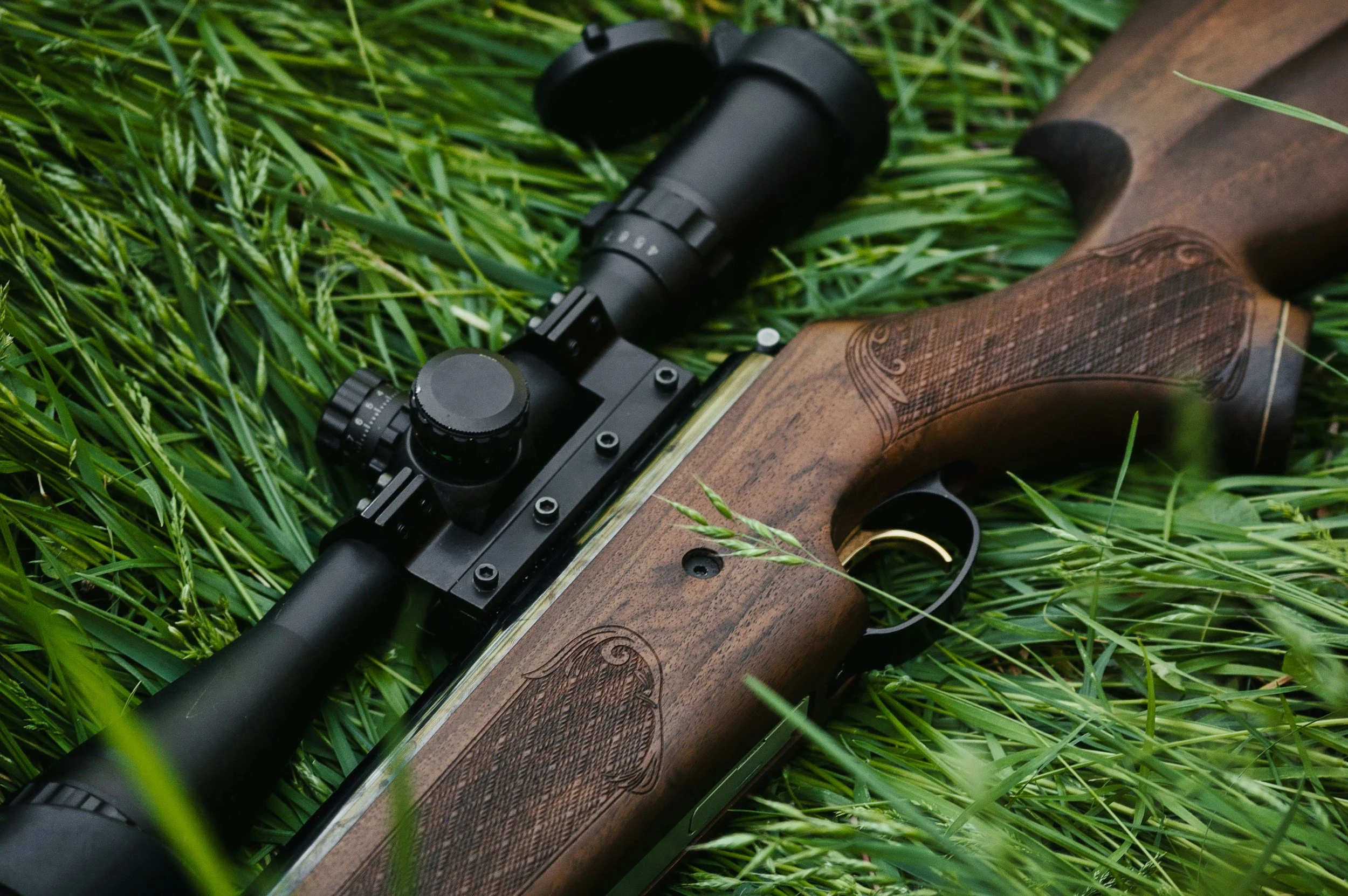 A rifle with a scope resting on green grass.