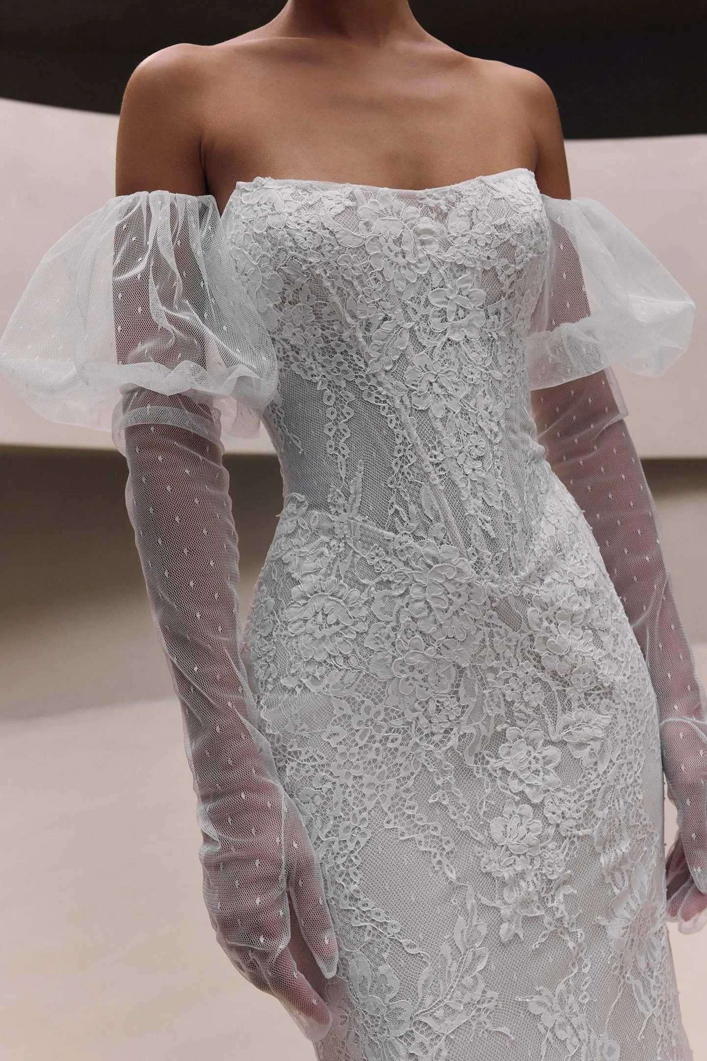 A woman in a white wedding dress with lace details and sheer polka-dotted off-the-shoulder sleeves.