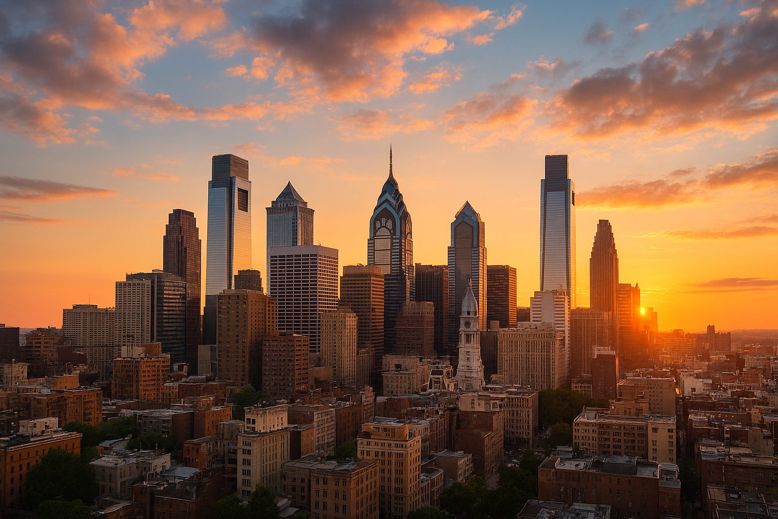 Philadelphia city skyline at sunset with tall skyscrapers and historic buildings