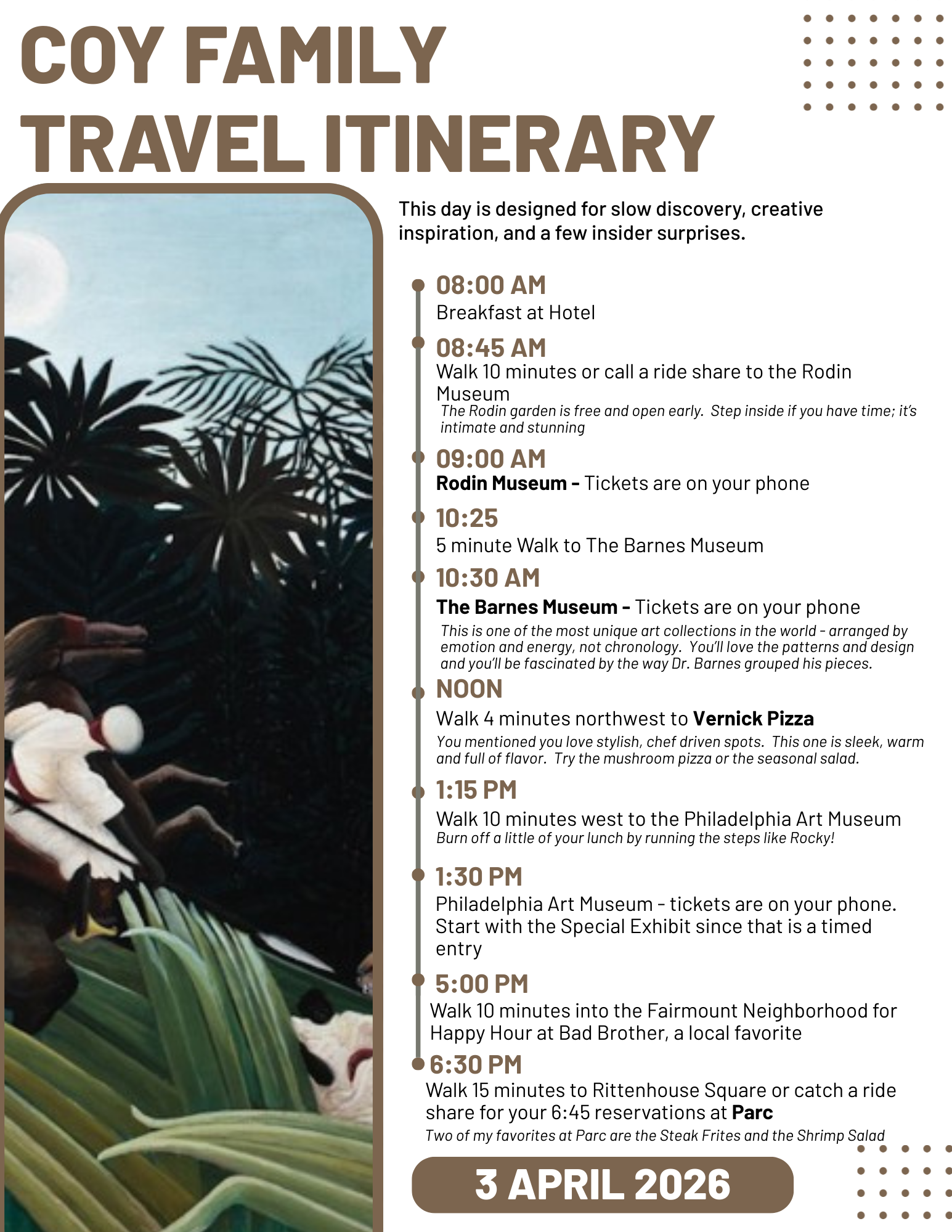 Travel itinerary for the Coy Family, dated April 3, 2026. Morning activities include breakfast at a hotel, visiting the Rodin Museum, and exploring the Barnes Museum. Afternoons involve lunch at Vernick Pizza and visiting the Philadelphia Art Museum. The day ends with a walk in the Fairmount Neighborhood for Happy Hour at Bad Brother and a walk or ride share to Rittenhouse Square.