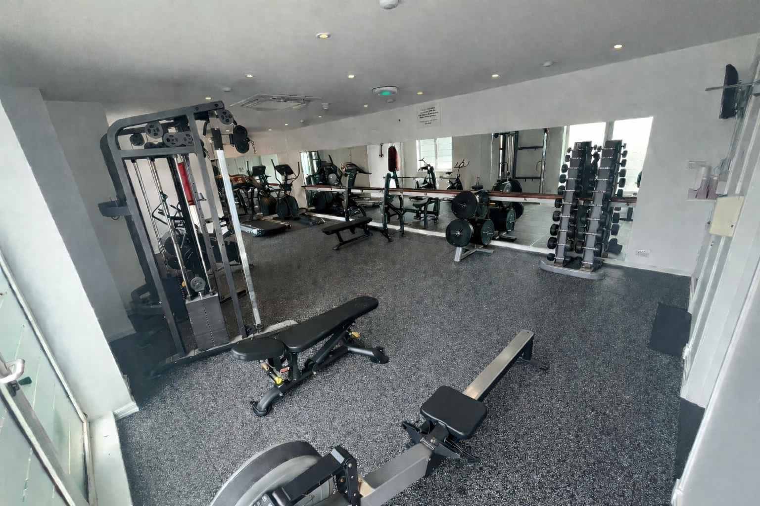 Empty gym room with workout equipment, including treadmills, weight racks, benches, and cardio machines, against a mirrored wall and a window.