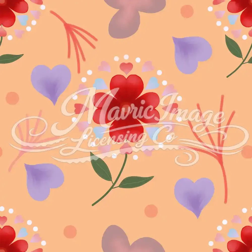 Soft watercolor floral‑heart repeat pattern featuring hand‑drawn red flowers, purple heart‑petals, mauve abstract shapes, and delicate organic accents on a warm peach background, created in Adobe Fresco.