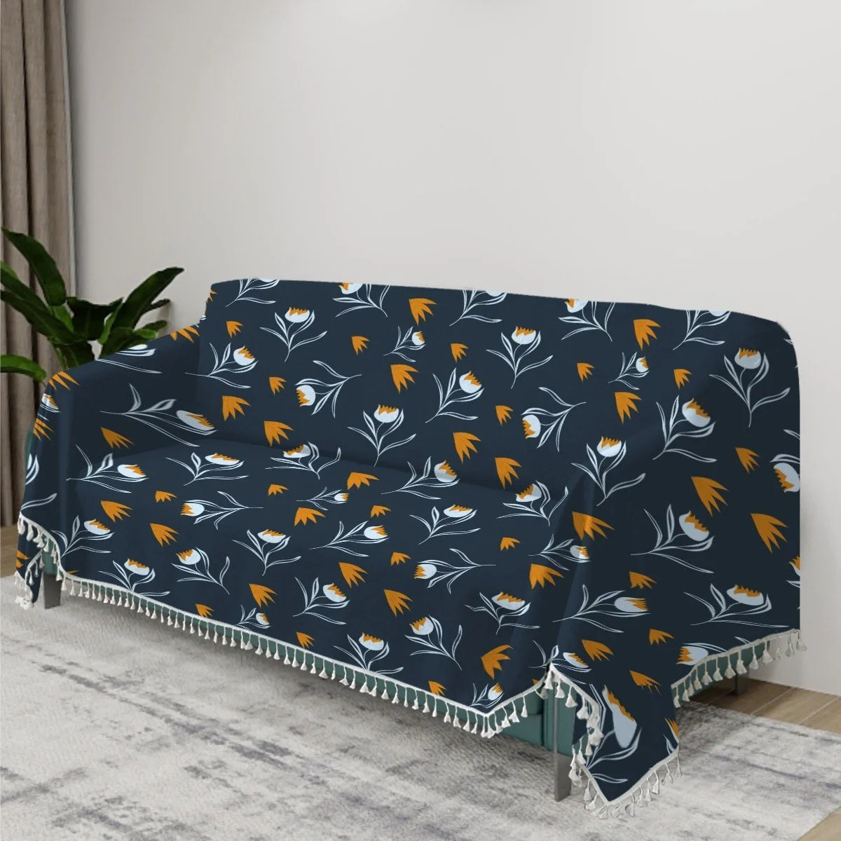 Golden Blue Elegance Fringed Sofa Cover