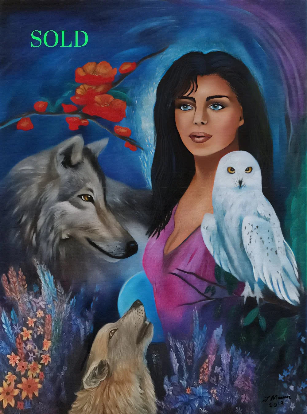 A painting of a woman with dark hair and blue eyes, surrounded by animals including a wolf, a snow owl, and two howling wolves, with colorful flowers and a blue background, and the word SOLD in green text in the upper left corner.
