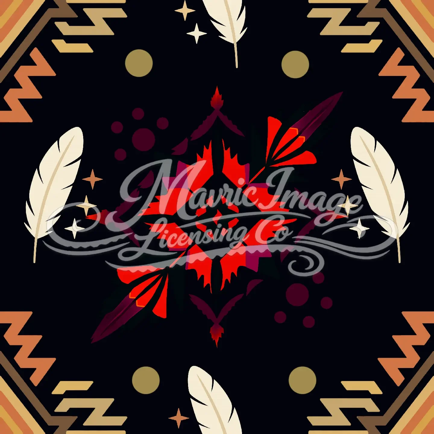 A symmetrical, abstract design featuring feathers, stars, and geometric patterns in red, black, beige, and gold colors.