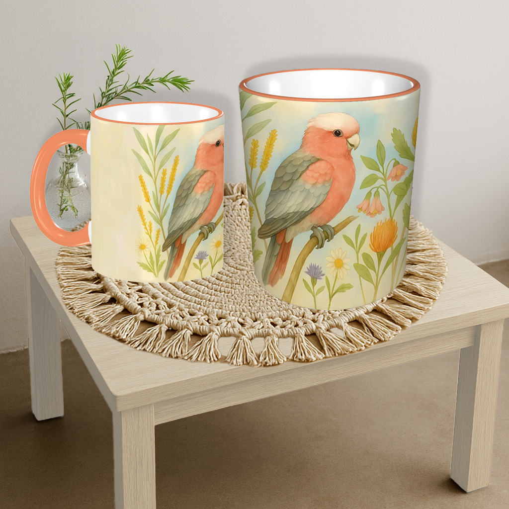 Two coffee mugs with a galah bird and floral design on a light wooden table, one mug smaller and the other larger, placed on a woven circular mat with a small glass jar of greenery in the background.