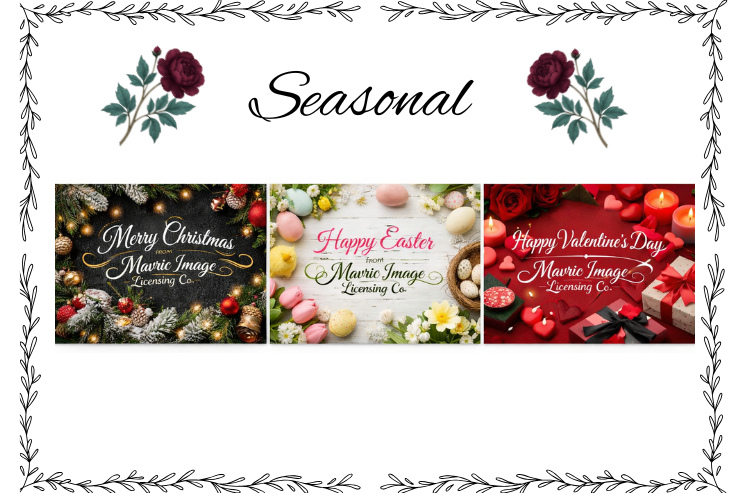 Seasonal greeting card with three panels: Christmas with decorated tree, Easter with eggs, and Valentine's Day with heart-shaped candles and gifts.