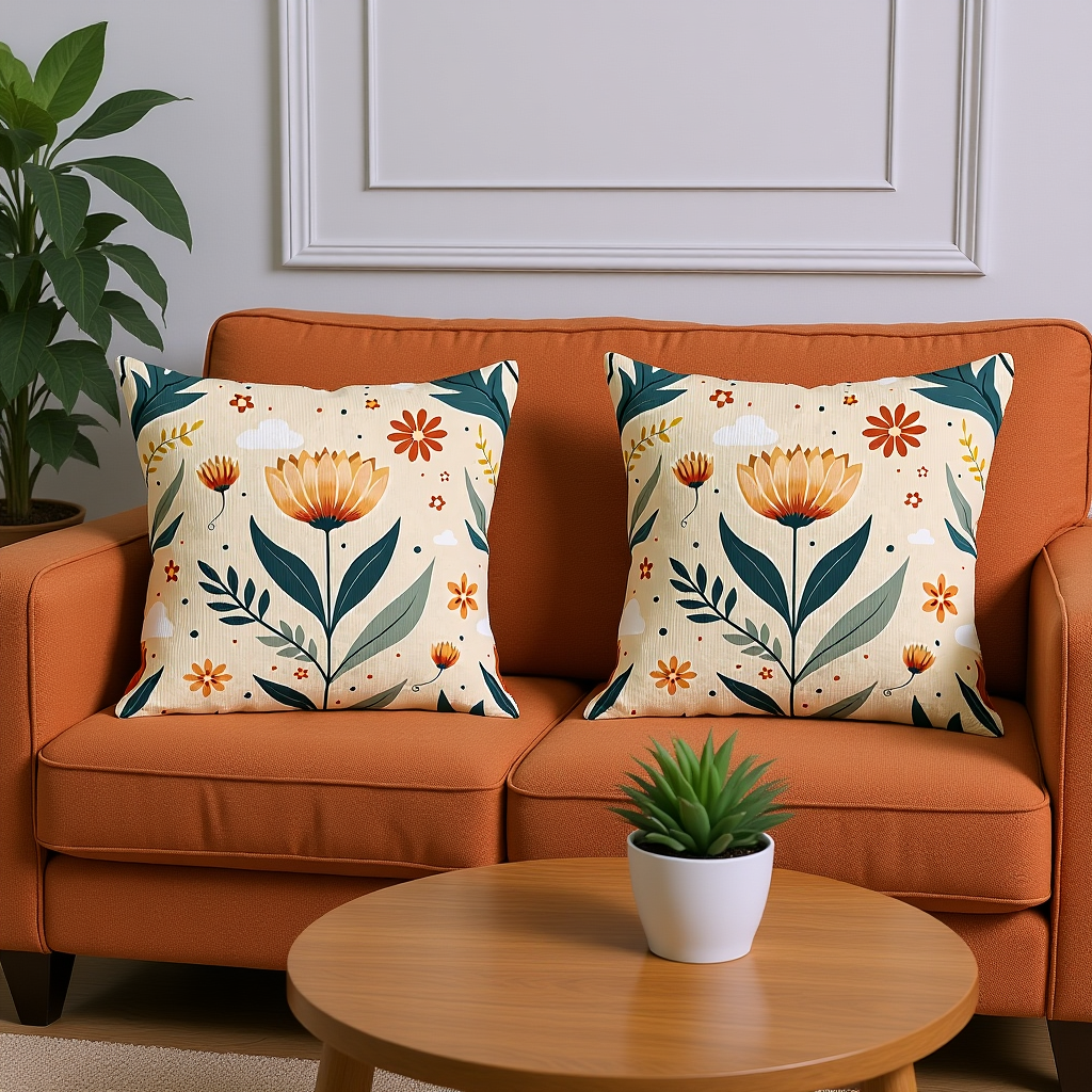 2 hand drawn corduroy cushion covers in cream background  with Illustrated flowers motifs