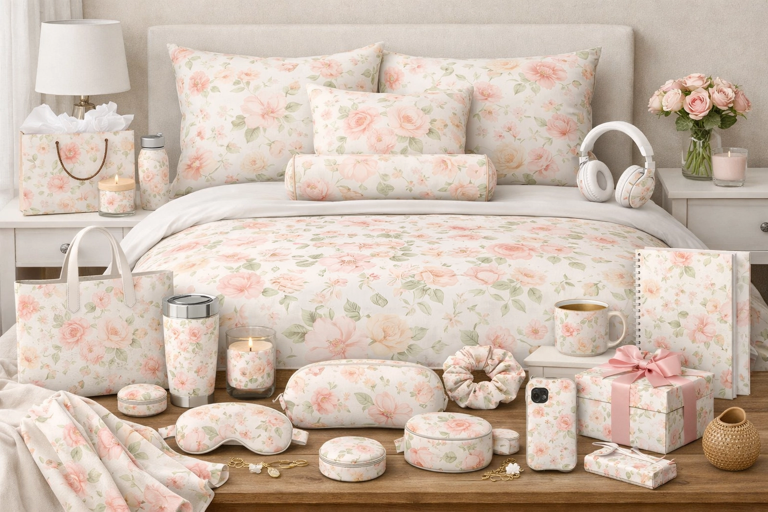 A bed with floral-patterned pillows, cushions, and bedspread in pastel pinks and greens. Items on the bedside tables include candles, a gift bag, a tumbler, headphones, a mug, a notebook, a phone, and decorative objects like a scrunchie, jewelry, and small boxes, all with a matching floral design.