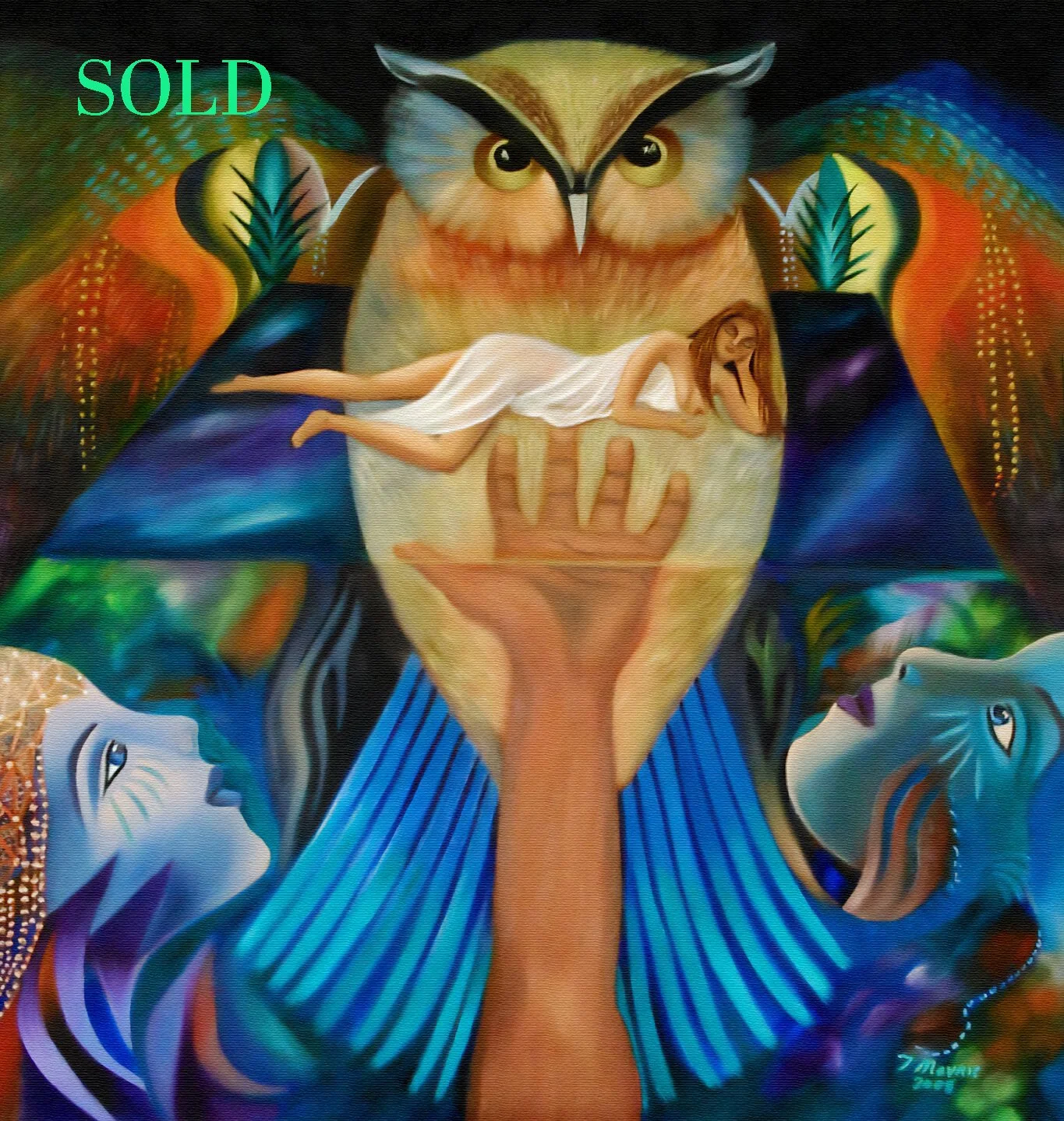 Colorful mural depicting an owl with large eyes at the center, holding a woman in a white dress who appears to be sleeping or resting. Two other faces, appears to be women, are shown looking up towards the owl from the lower corners. The background c