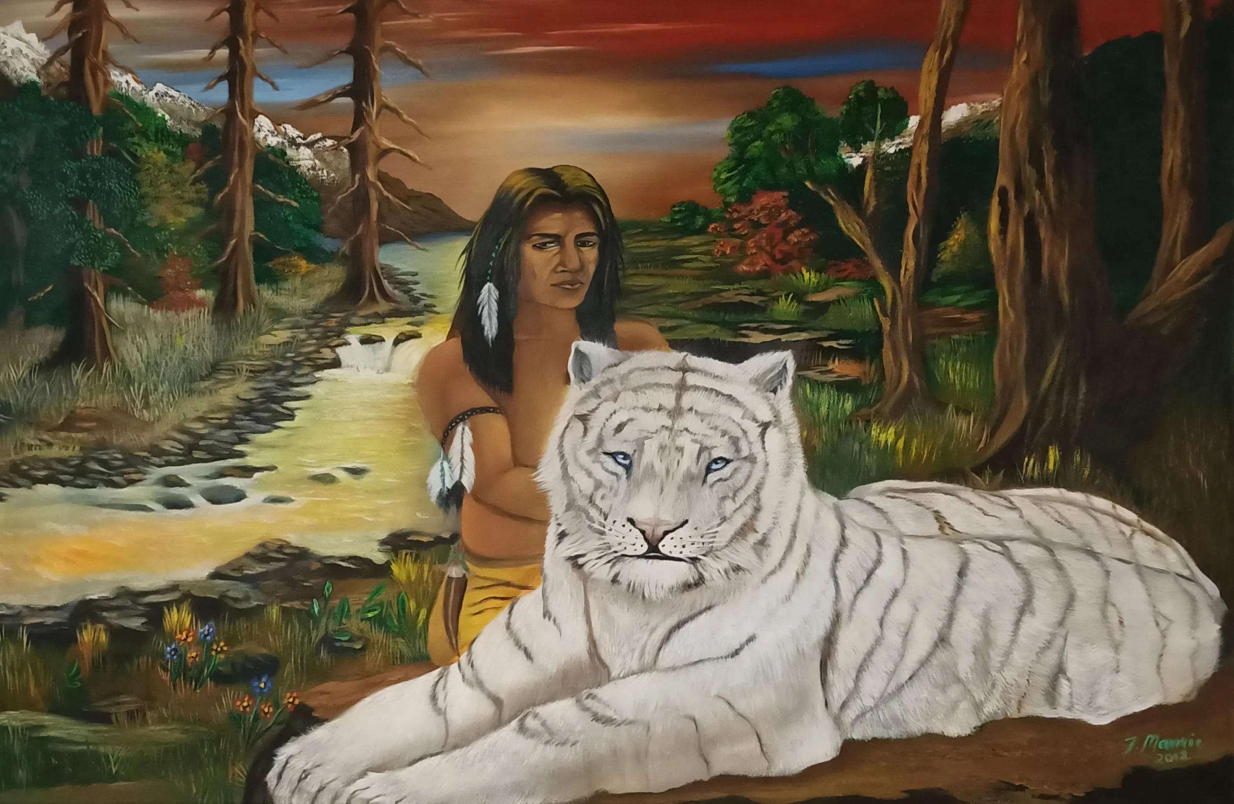 A mural depicting a Native American woman sitting by a river in a forested landscape with mountains in the background, holding a white tiger.