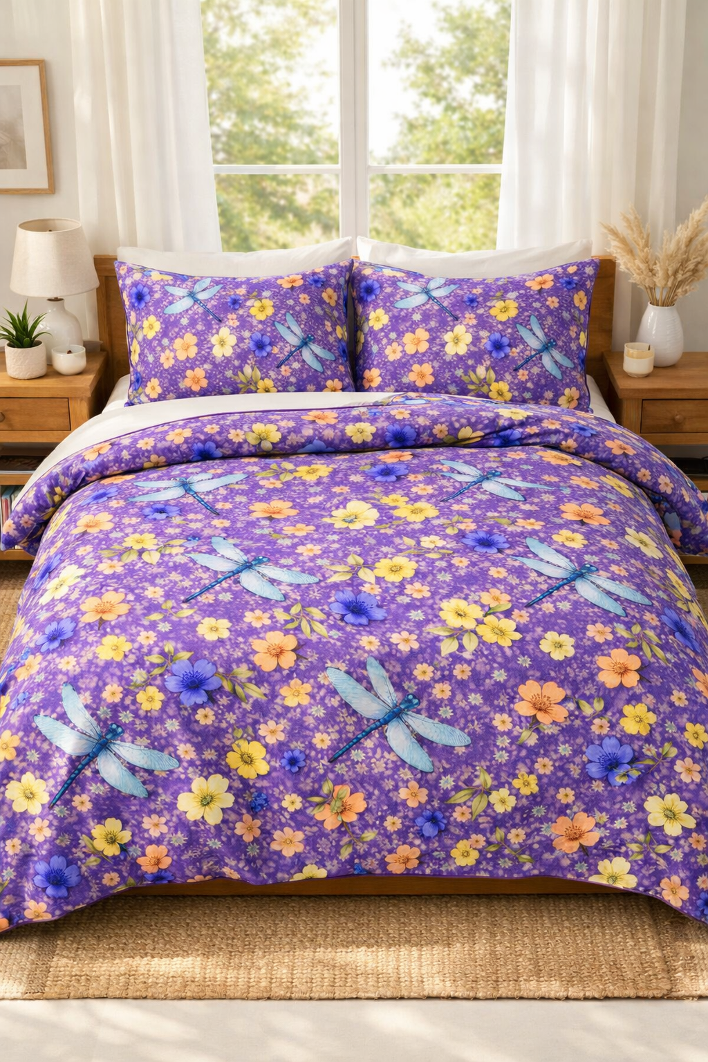 Dragonfly floral pattern display on a bed Imge