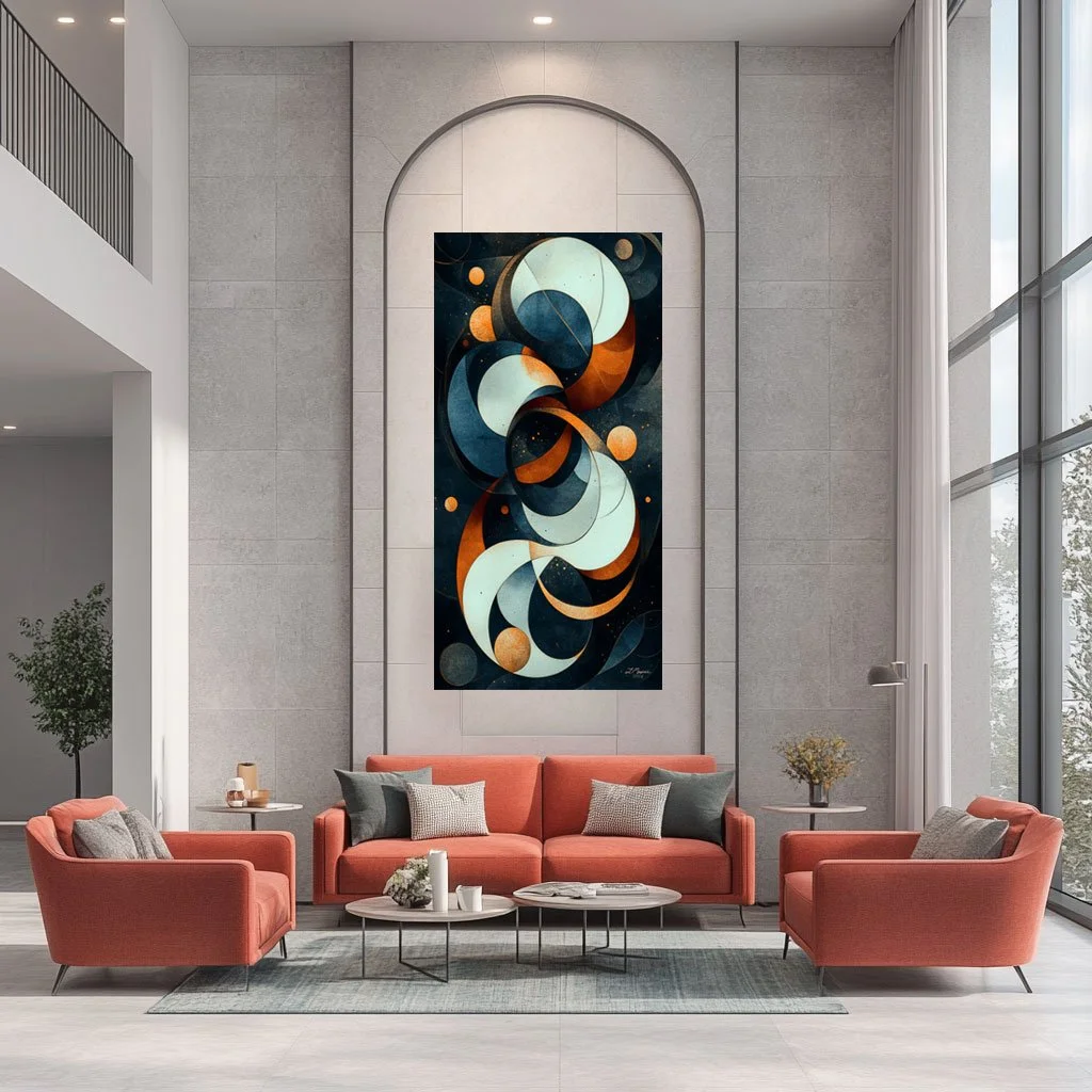 A Cosmic Dance of Worlds Abstract Geometric Digital Art Long Vertical Canvas Print