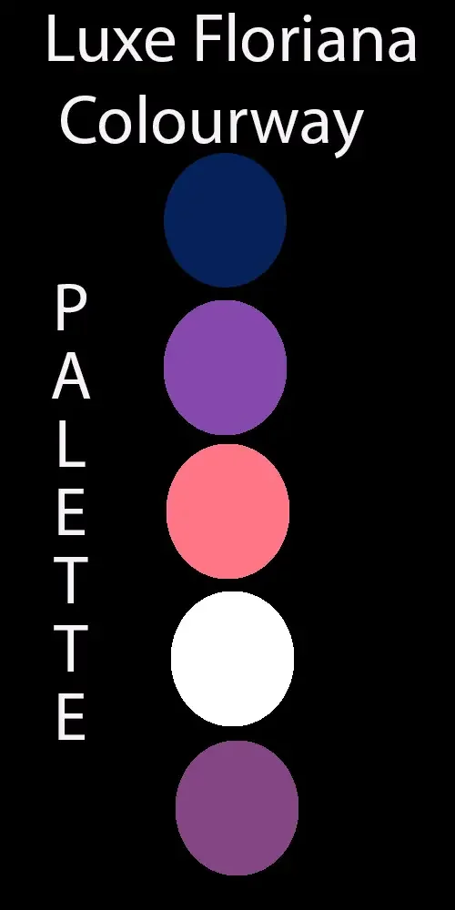 Color palette with five circles in dark blue, purple, pink, white, and purple, labeled with the text 'Luxe Floriana Colourway Palette' on a black background.