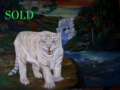 Painting of a white tiger in front of a river and waterfall with the word "SOLD" in green at the top left corner.