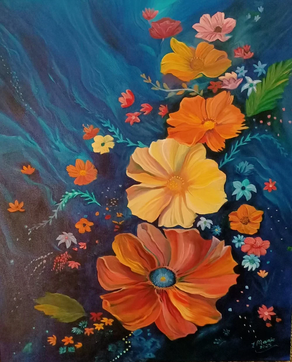 Colorful painting of various flowers floating on a dark blue, swirling background. Commissioned and Sold