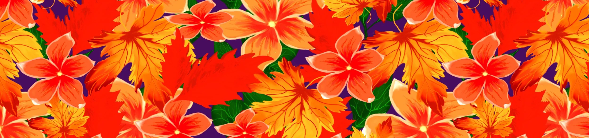 Pattern of orange and yellow autumn leaves and orange flowers against a dark purple background.