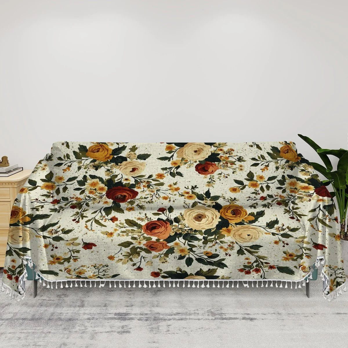 Vintage Floral Fringed Couch Cover
