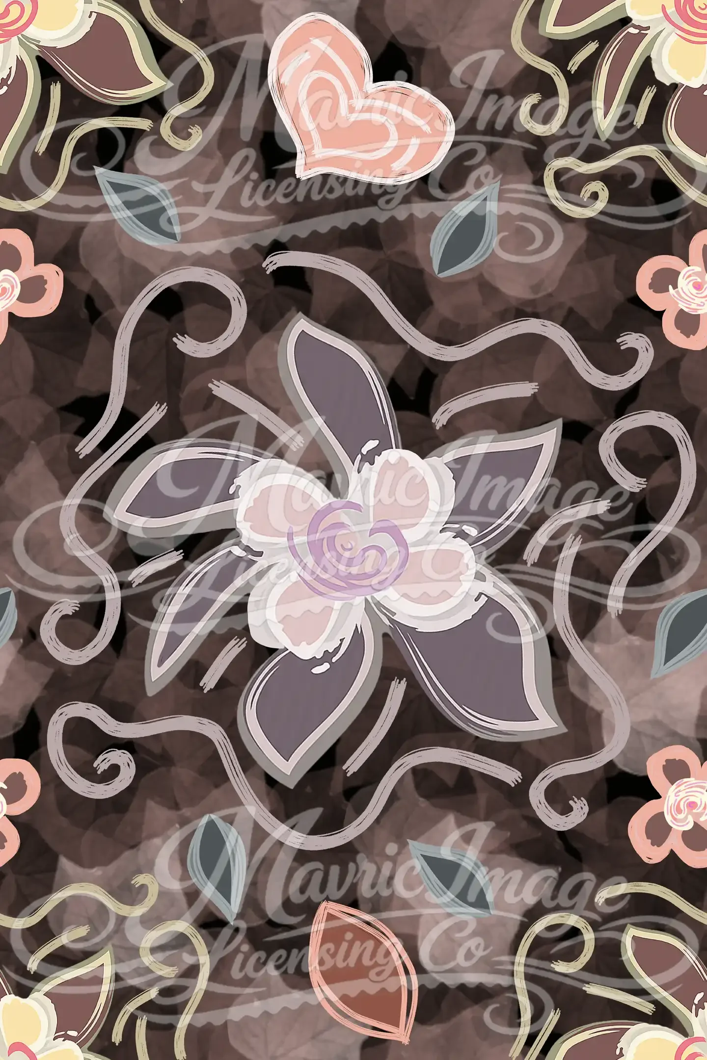 A seamless 6000 × 9000 px repeat pattern featuring stylised purple and yellow flowers, small pink blossoms, heart motifs, and swirling decorative lines arranged in a symmetrical lattice over a background of softly faded leaves.