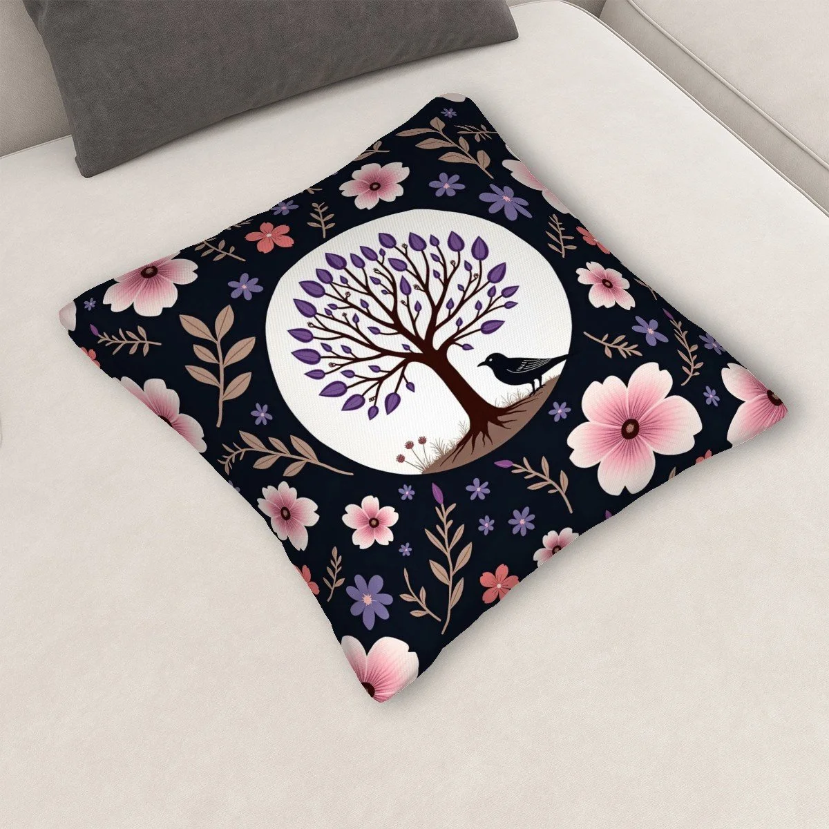 Watcher Beneath the Tree - Floral Tree Decorative Imitation Linen Throw Pillow Cover