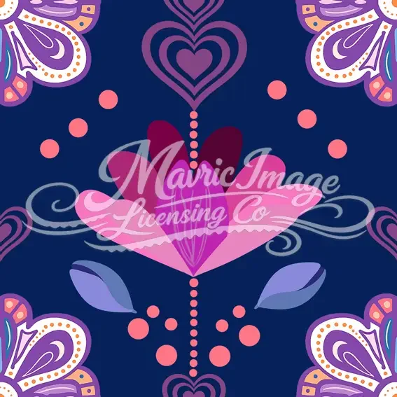 A seamless repeat pattern featuring vibrant pink, magenta, and violet floral and heart motifs arranged symmetrically on a deep blue background, with decorative dots adding texture and rhythm throughout.