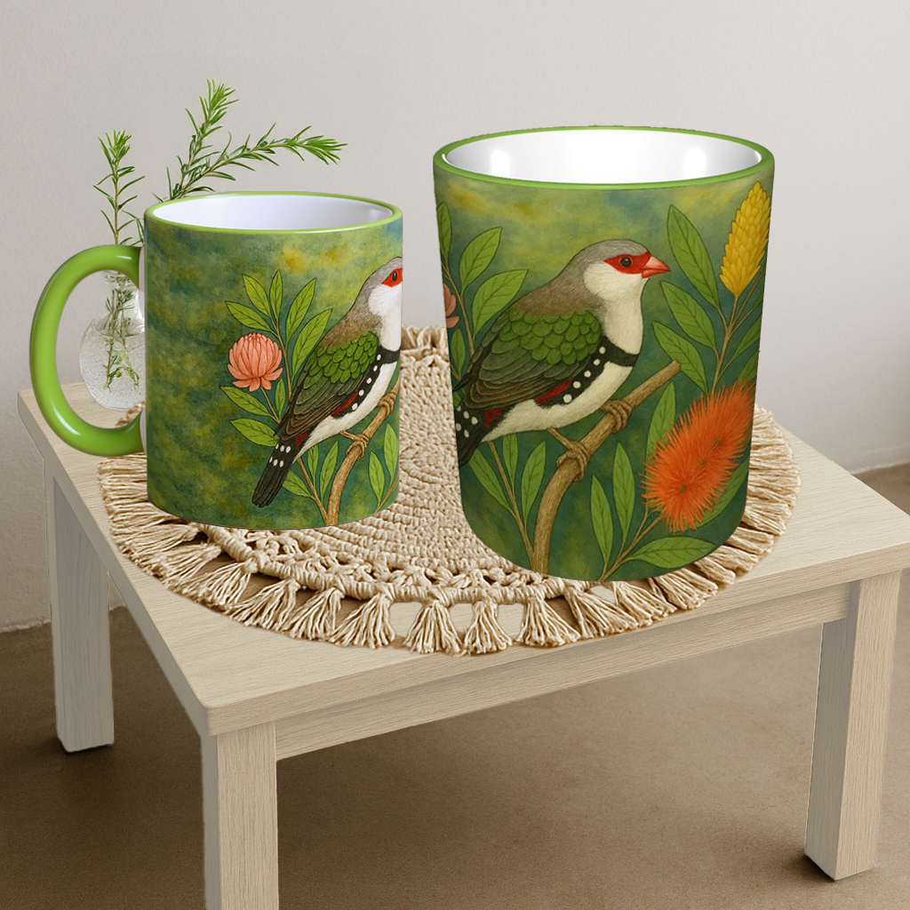 Two ceramic mugs with colorful bird and floral designs placed on a woven table mat on a small wooden table.