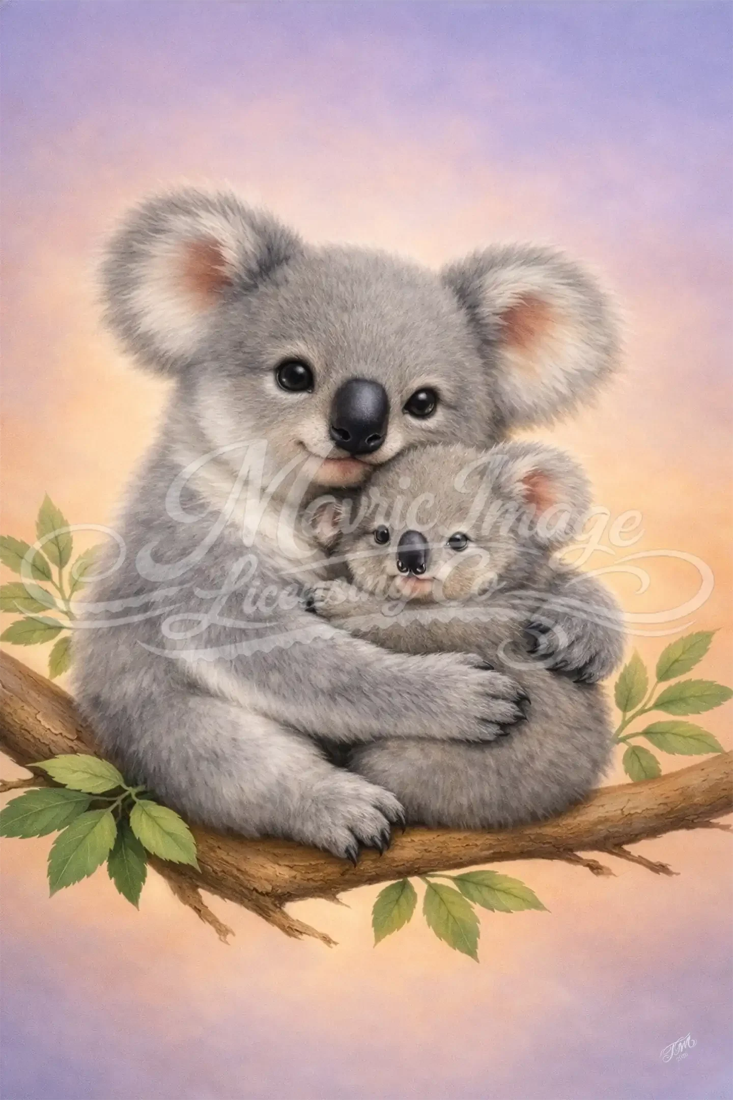 A smooth digital art painting of a Koala and her baby, simplistic style, sitting on a branch with leaves in a sunset sky, image for licensing only.