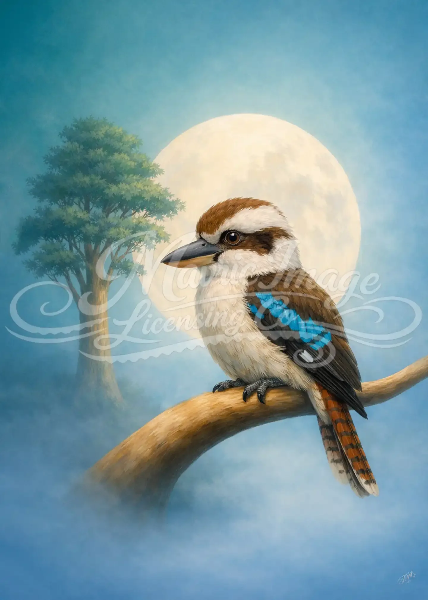 A detailed illustration of a small bird with brown, white, and blue feathers perched on a curved tree branch. The background features a large, bright full moon and a single tree against a sky gradient from blue to teal.