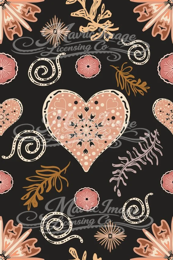 “Seamless repeating pattern featuring stylised pink hearts, circular floral motifs, soft spirals and leaf shapes arranged symmetrically on a dark background, creating a warm, romantic decorative design.”